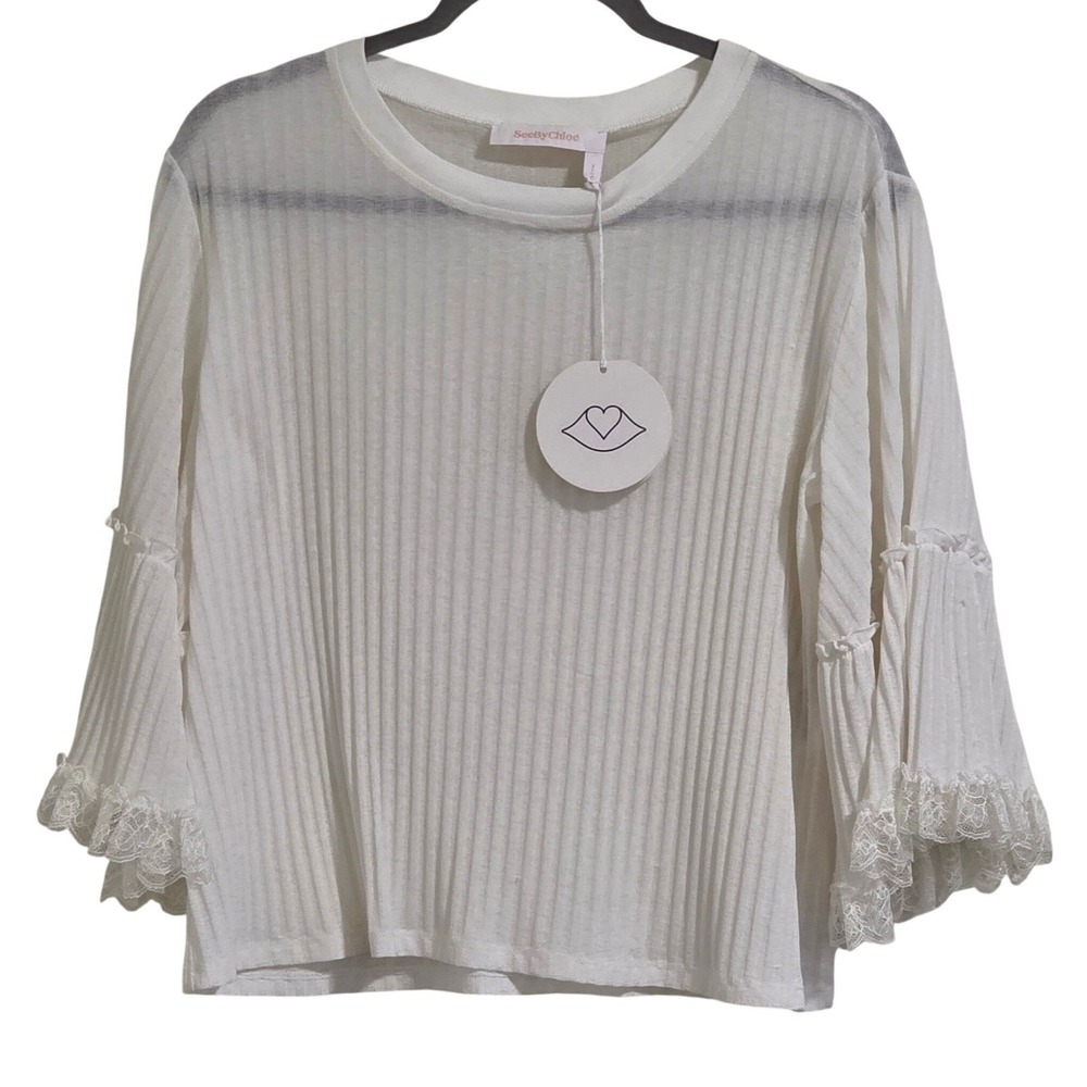 See By Chloe Top Women Medium Cloudy White Ribbed Lace Trim Bell Sleeve NWD Read